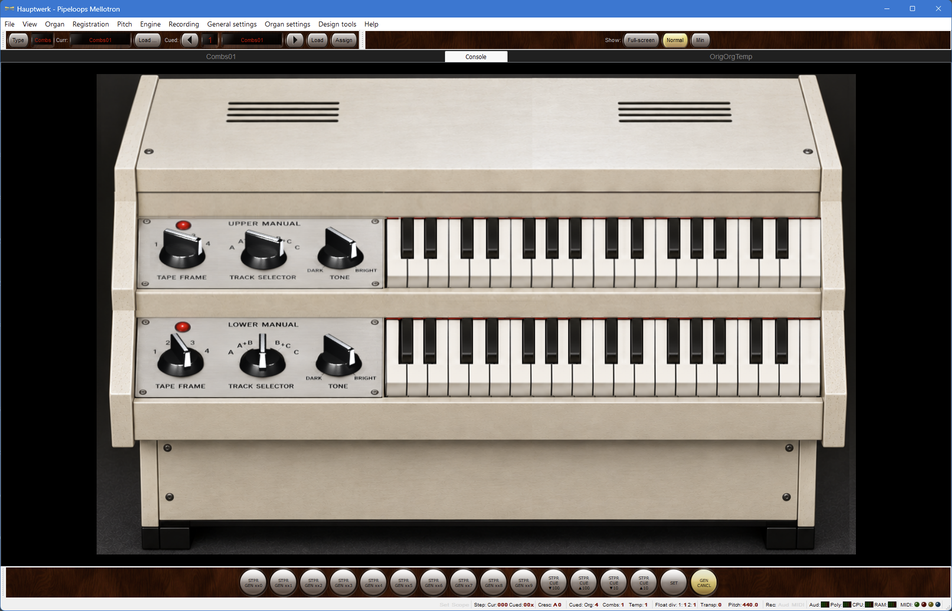 Virtual console of the Pipeloops Mellotron for Hauptwerk